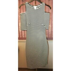 H&M Cold Shoulder Black White Stripes Fitted Bodycon Stretch Midi Dress XS Retro